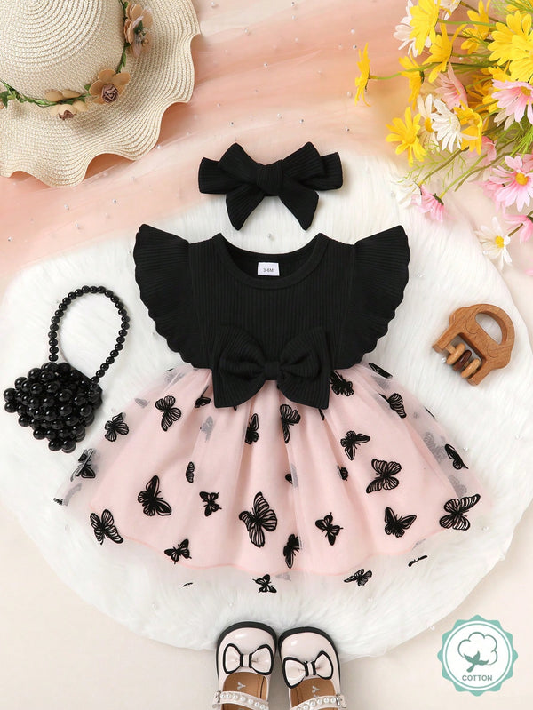 2 Peças/Conjunto Vestido de Princesa de Tule Bordado com Babado, Decoração de Laço, Macio e Confortável, Para Menina Bebê, com Conjunto de Tiara