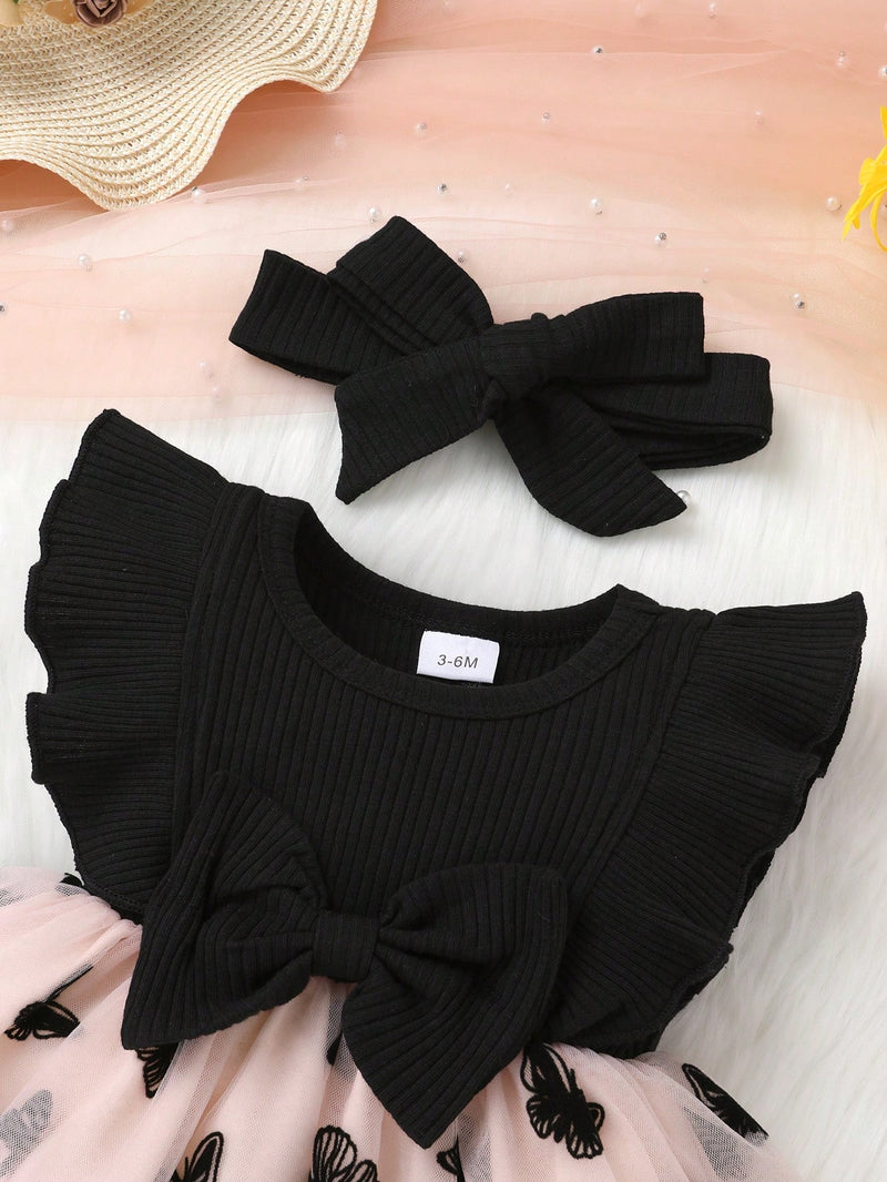 2 Peças/Conjunto Vestido de Princesa de Tule Bordado com Babado, Decoração de Laço, Macio e Confortável, Para Menina Bebê, com Conjunto de Tiara