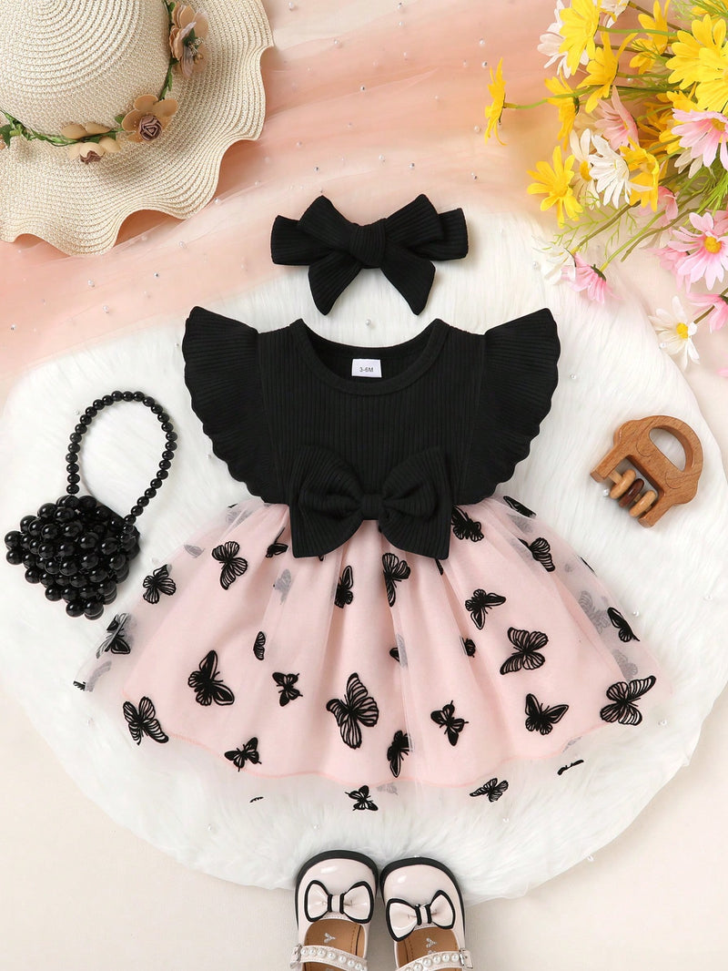 2 Peças/Conjunto Vestido de Princesa de Tule Bordado com Babado, Decoração de Laço, Macio e Confortável, Para Menina Bebê, com Conjunto de Tiara