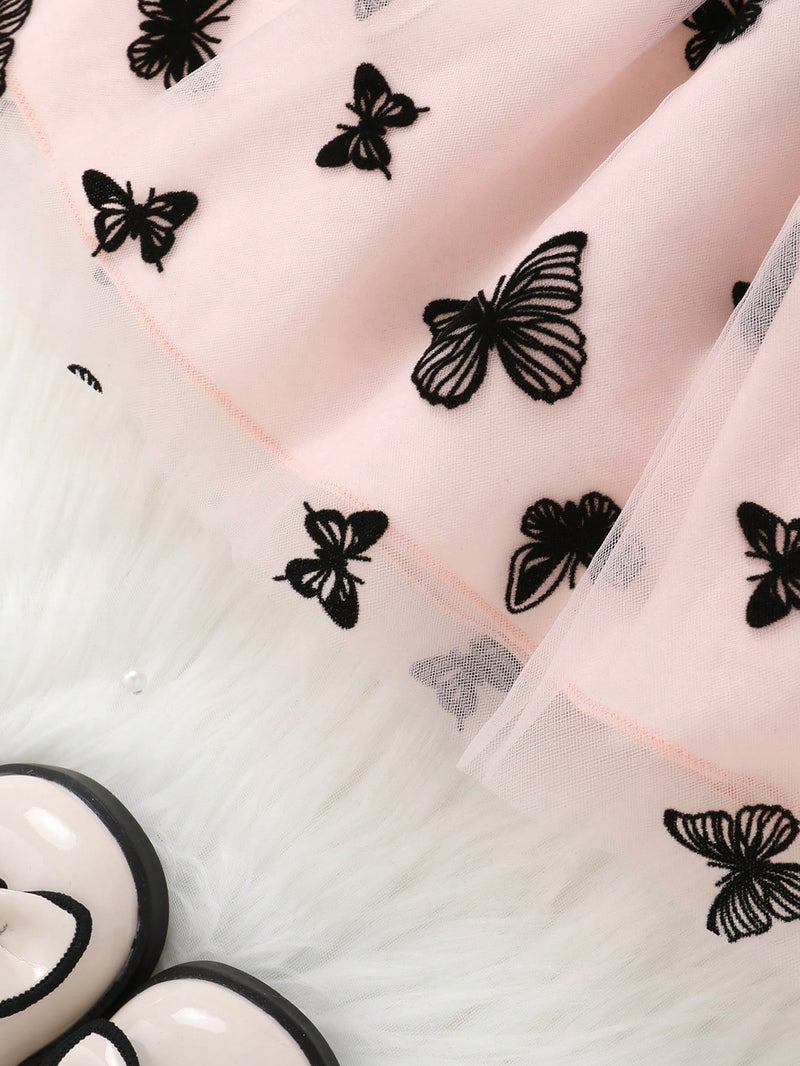 2 Peças/Conjunto Vestido de Princesa de Tule Bordado com Babado, Decoração de Laço, Macio e Confortável, Para Menina Bebê, com Conjunto de Tiara