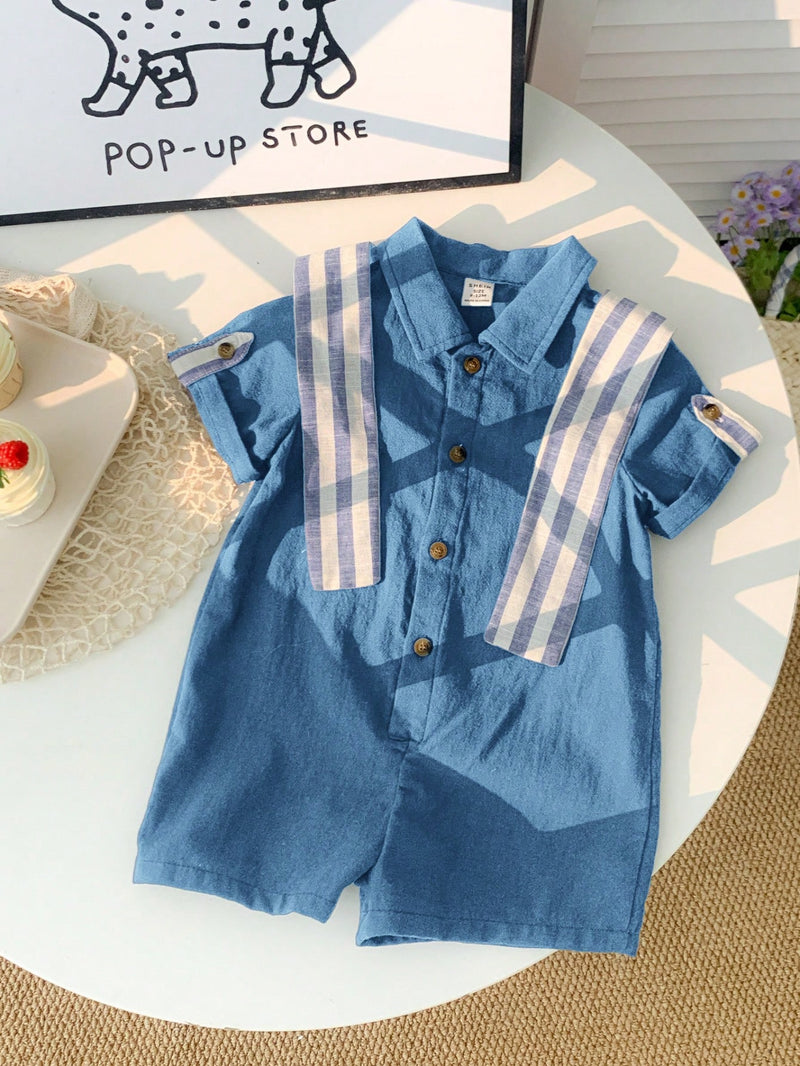 Camisa de Manga Curta Casual de Cor Sólida para Bebê/Criança Pequena, Macacão com Capa e Shorts Listrados, Adequado para Uso na Primavera/Verão, Casa e Passeio