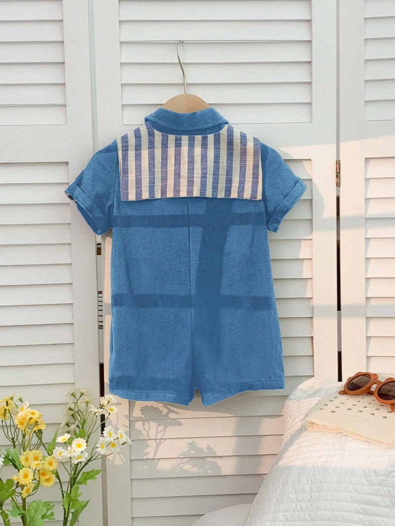 Camisa de Manga Curta Casual de Cor Sólida para Bebê/Criança Pequena, Macacão com Capa e Shorts Listrados, Adequado para Uso na Primavera/Verão, Casa e Passeio