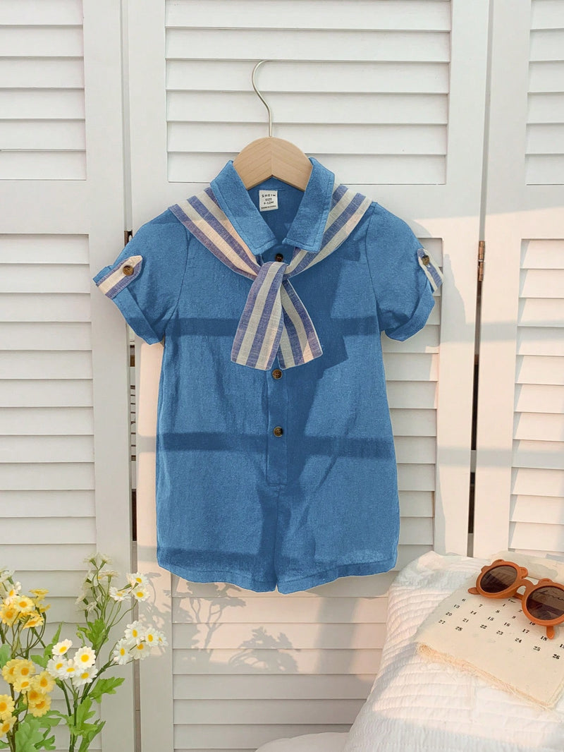 Camisa de Manga Curta Casual de Cor Sólida para Bebê/Criança Pequena, Macacão com Capa e Shorts Listrados, Adequado para Uso na Primavera/Verão, Casa e Passeio