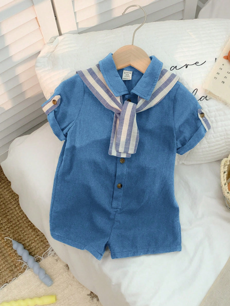 Camisa de Manga Curta Casual de Cor Sólida para Bebê/Criança Pequena, Macacão com Capa e Shorts Listrados, Adequado para Uso na Primavera/Verão, Casa e Passeio