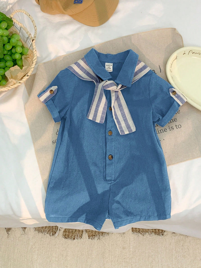 Camisa de Manga Curta Casual de Cor Sólida para Bebê/Criança Pequena, Macacão com Capa e Shorts Listrados, Adequado para Uso na Primavera/Verão, Casa e Passeio