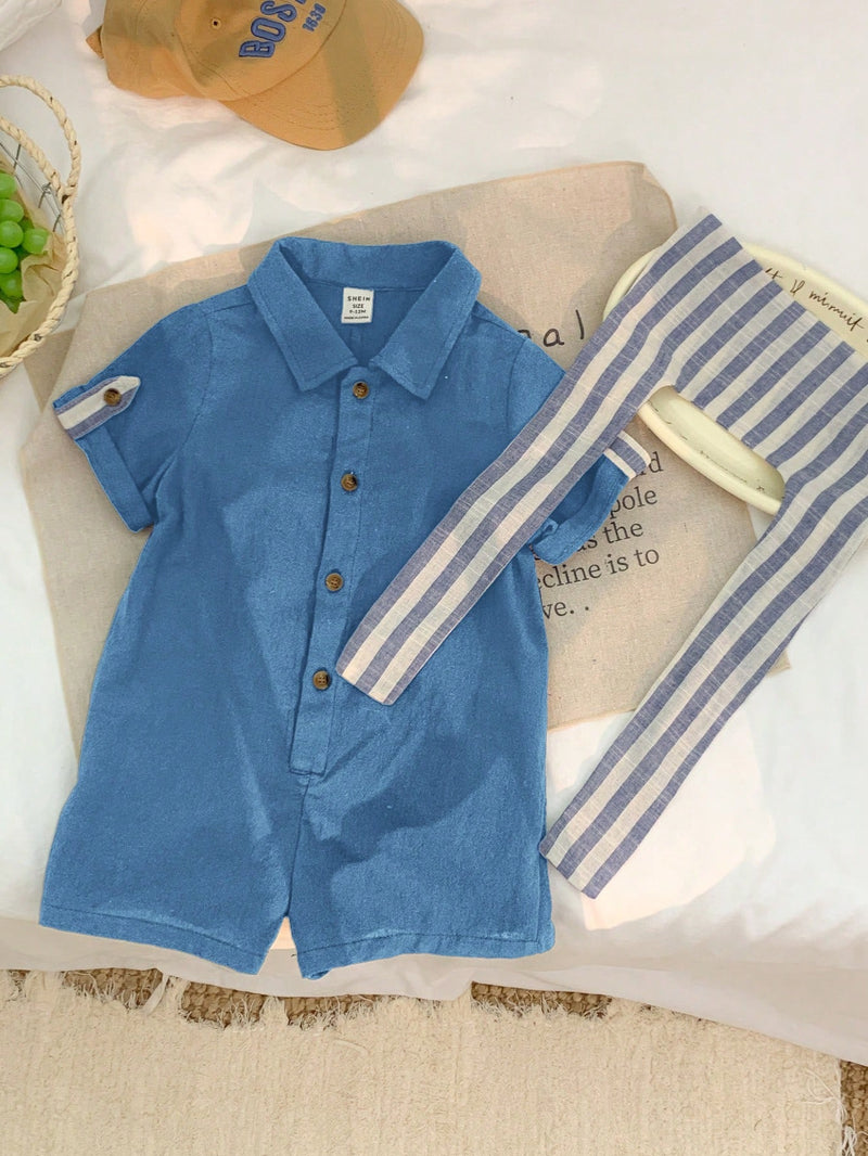 Camisa de Manga Curta Casual de Cor Sólida para Bebê/Criança Pequena, Macacão com Capa e Shorts Listrados, Adequado para Uso na Primavera/Verão, Casa e Passeio