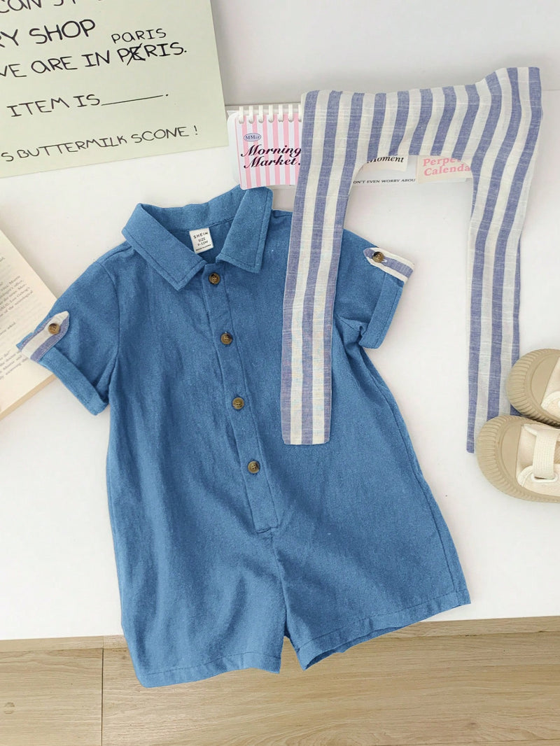 Camisa de Manga Curta Casual de Cor Sólida para Bebê/Criança Pequena, Macacão com Capa e Shorts Listrados, Adequado para Uso na Primavera/Verão, Casa e Passeio
