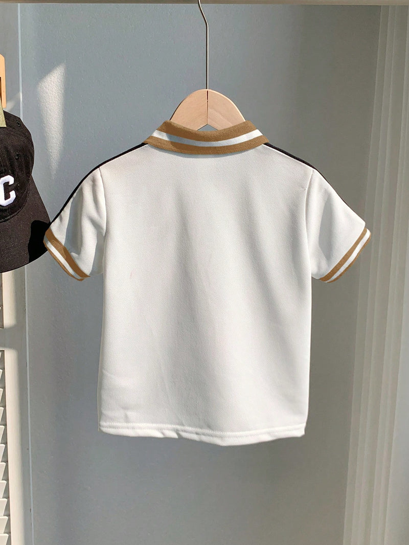 Camisa Polo de Manga Curta Estilo Universitário Fofo com Colorblock para Bebê Menino, Apropriada para Festa de Aniversário, Festa da Noite, Apresentação, Casamento, Chá de Bebê, Comemoração de 1 Mês e 1 Ano