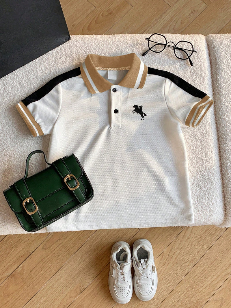 Camisa Polo de Manga Curta Estilo Universitário Fofo com Colorblock para Bebê Menino, Apropriada para Festa de Aniversário, Festa da Noite, Apresentação, Casamento, Chá de Bebê, Comemoração de 1 Mês e 1 Ano