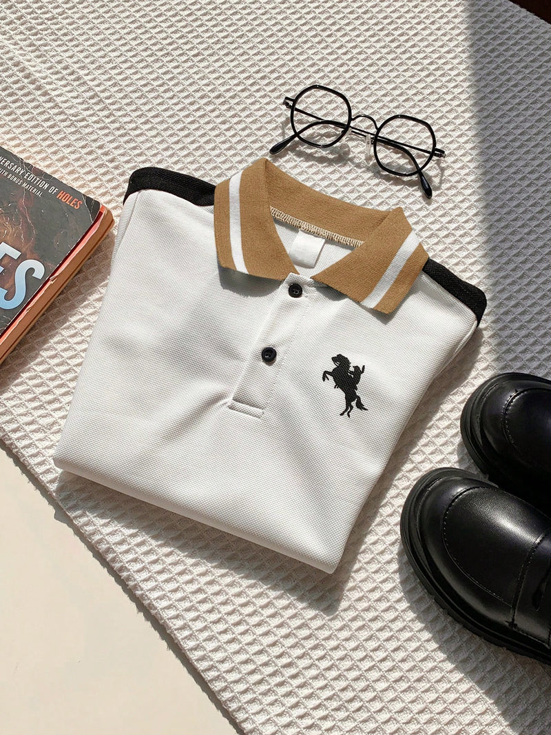 Camisa Polo de Manga Curta Estilo Universitário Fofo com Colorblock para Bebê Menino, Apropriada para Festa de Aniversário, Festa da Noite, Apresentação, Casamento, Chá de Bebê, Comemoração de 1 Mês e 1 Ano