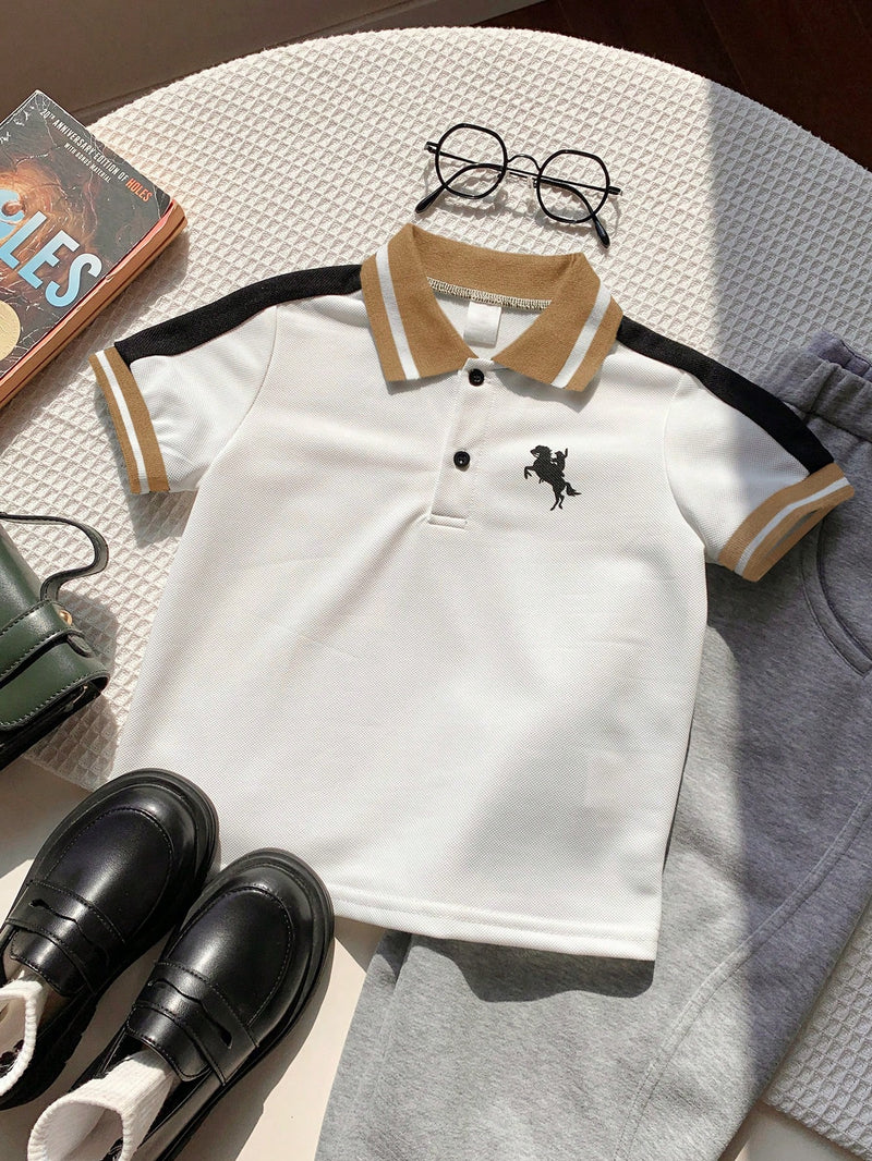 Camisa Polo de Manga Curta Estilo Universitário Fofo com Colorblock para Bebê Menino, Apropriada para Festa de Aniversário, Festa da Noite, Apresentação, Casamento, Chá de Bebê, Comemoração de 1 Mês e 1 Ano