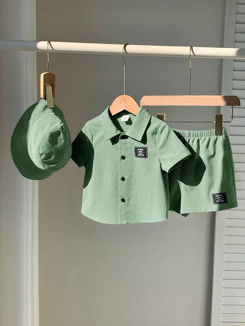3 peças/Conjunto Cardigan de Manga Curta com Gola Bordada para Bebê Menino, Shorts com Cintura Elástica e Chapéu