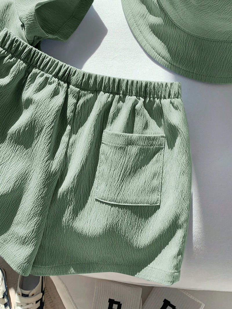 3 peças/Conjunto Cardigan de Manga Curta com Gola Bordada para Bebê Menino, Shorts com Cintura Elástica e Chapéu