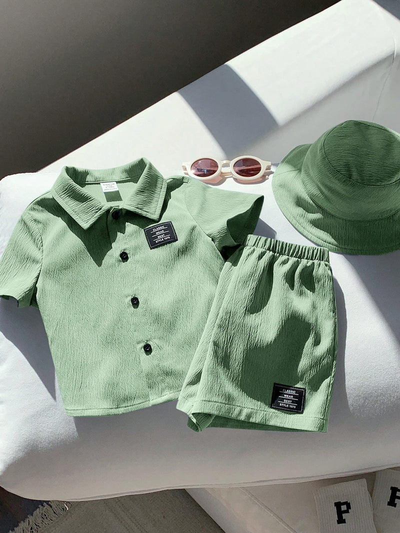 3 peças/Conjunto Cardigan de Manga Curta com Gola Bordada para Bebê Menino, Shorts com Cintura Elástica e Chapéu
