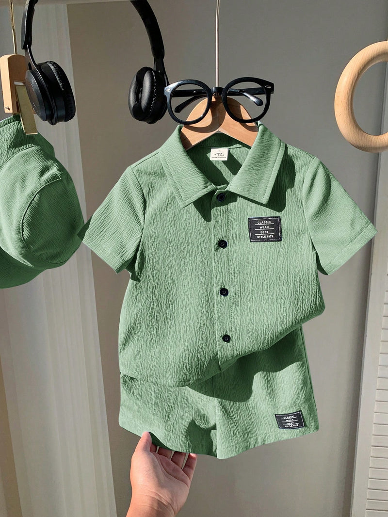 3 peças/Conjunto Cardigan de Manga Curta com Gola Bordada para Bebê Menino, Shorts com Cintura Elástica e Chapéu