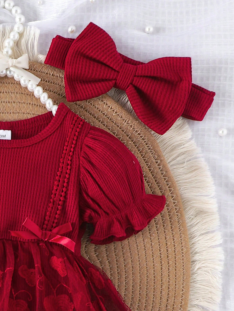 1 Peça Macacão Bodysuit de Manga Curta com Babados de Renda e Tule para Bebê Menina, Leve para o Verão