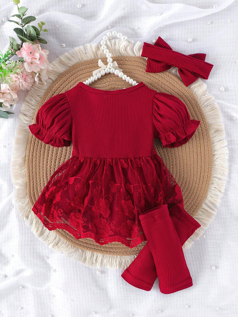 1 Peça Macacão Bodysuit de Manga Curta com Babados de Renda e Tule para Bebê Menina, Leve para o Verão