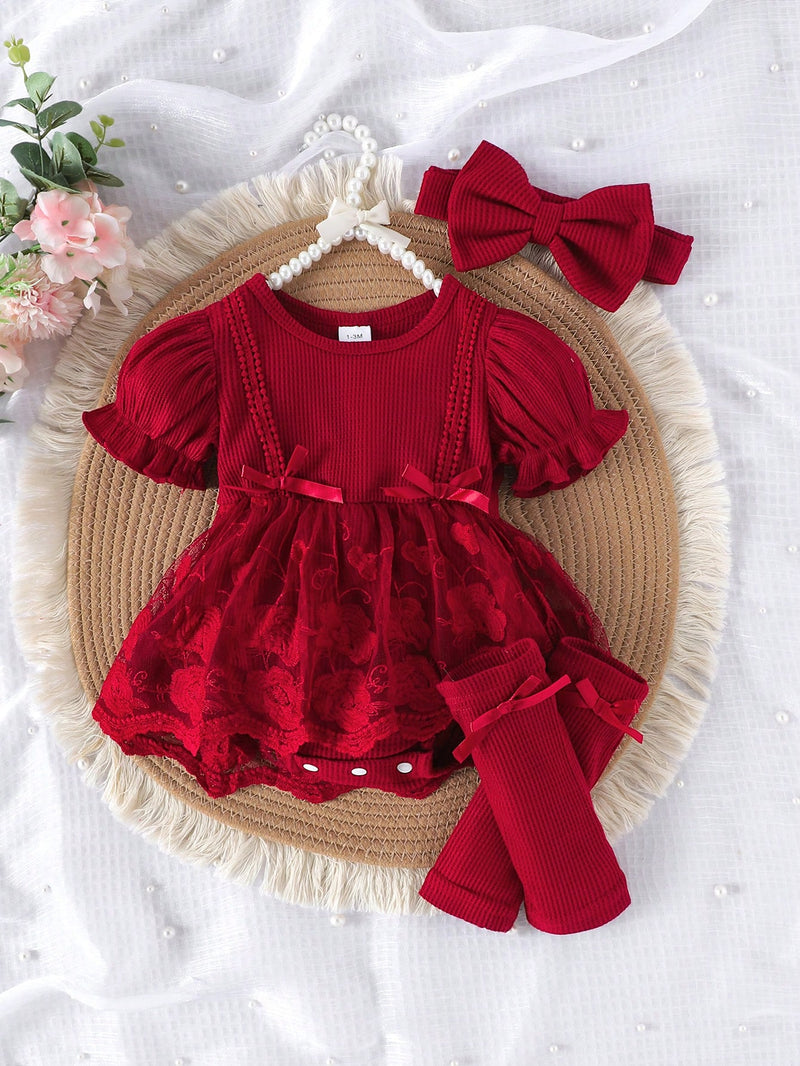 1 Peça Macacão Bodysuit de Manga Curta com Babados de Renda e Tule para Bebê Menina, Leve para o Verão