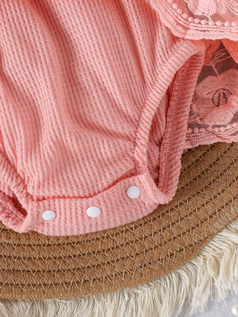 1 Peça Macacão Bodysuit de Manga Curta com Babados de Renda e Tule para Bebê Menina, Leve para o Verão