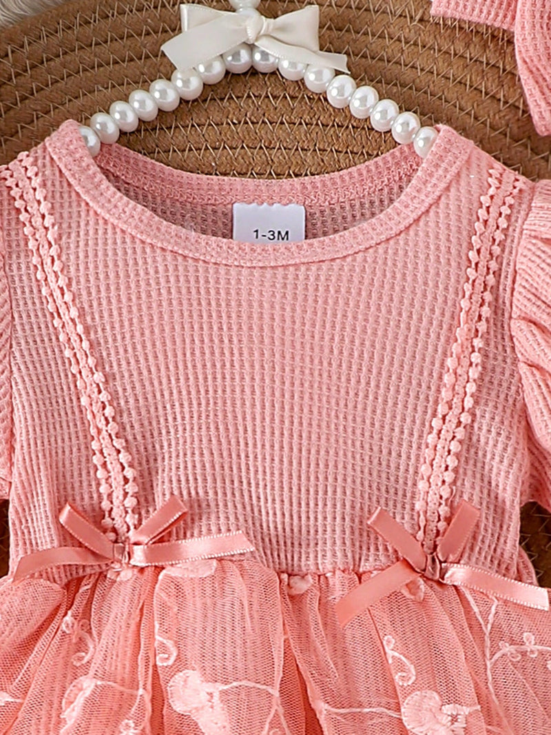 1 Peça Macacão Bodysuit de Manga Curta com Babados de Renda e Tule para Bebê Menina, Leve para o Verão