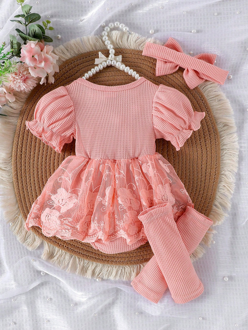 1 Peça Macacão Bodysuit de Manga Curta com Babados de Renda e Tule para Bebê Menina, Leve para o Verão