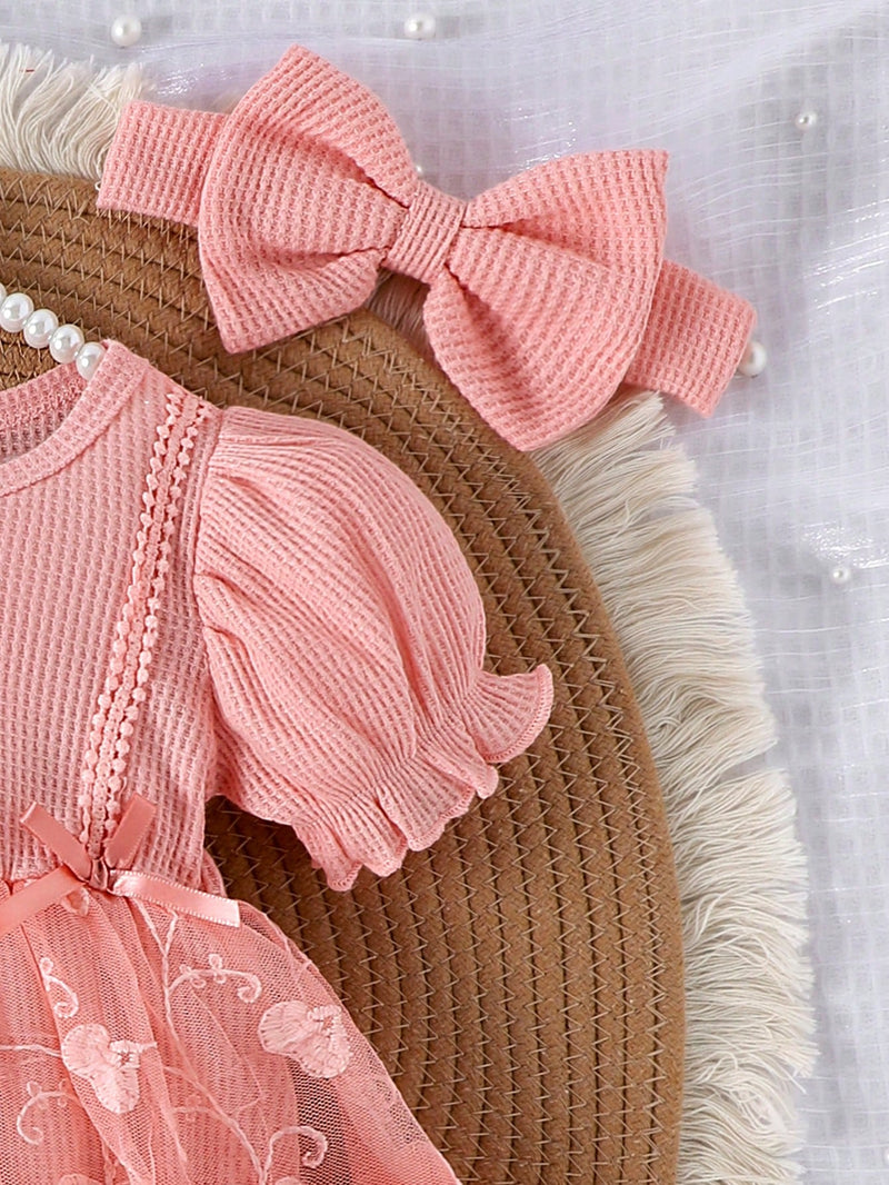 1 Peça Macacão Bodysuit de Manga Curta com Babados de Renda e Tule para Bebê Menina, Leve para o Verão