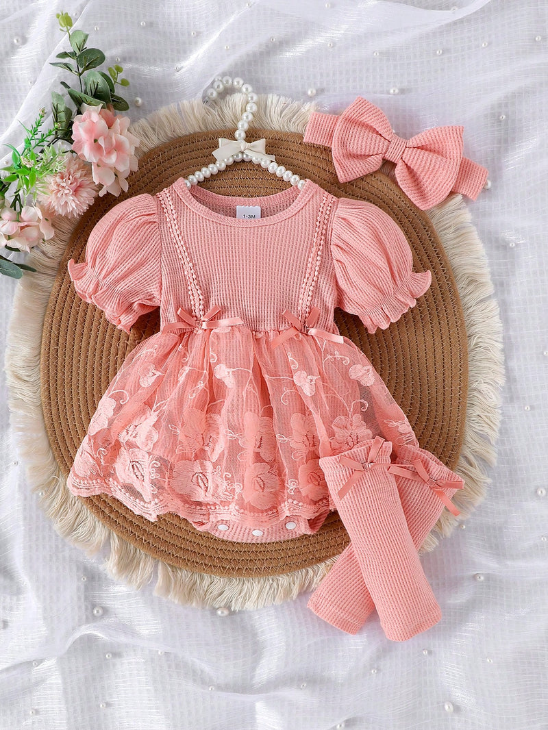 1 Peça Macacão Bodysuit de Manga Curta com Babados de Renda e Tule para Bebê Menina, Leve para o Verão