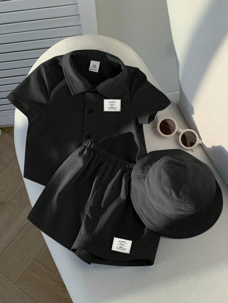 3 peças/Conjunto Cardigan de Manga Curta com Gola Bordada para Bebê Menino, Shorts com Cintura Elástica e Chapéu