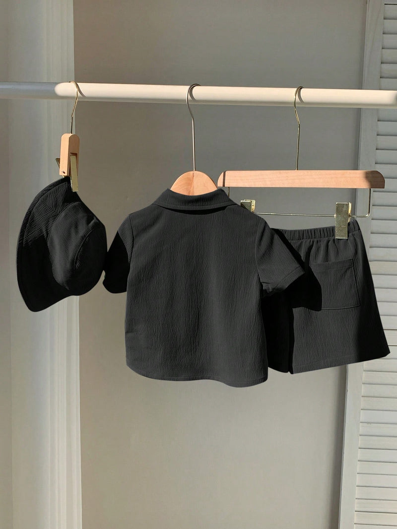 3 peças/Conjunto Cardigan de Manga Curta com Gola Bordada para Bebê Menino, Shorts com Cintura Elástica e Chapéu