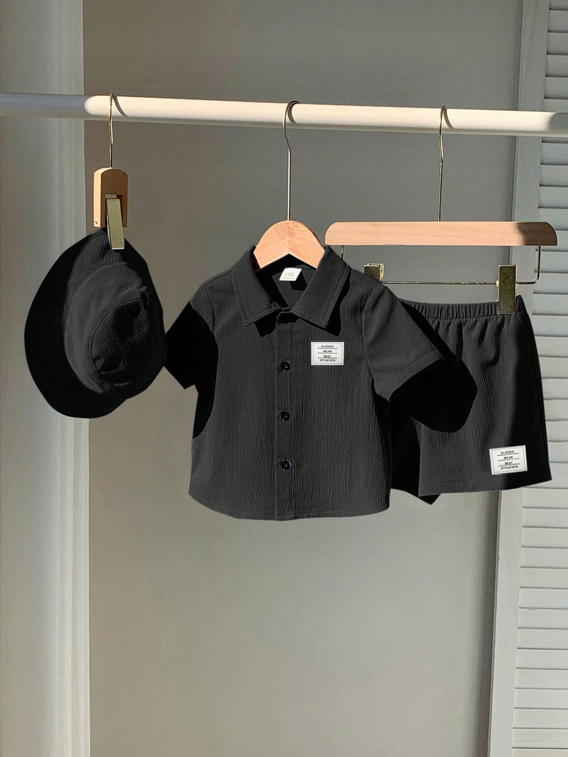 3 peças/Conjunto Cardigan de Manga Curta com Gola Bordada para Bebê Menino, Shorts com Cintura Elástica e Chapéu