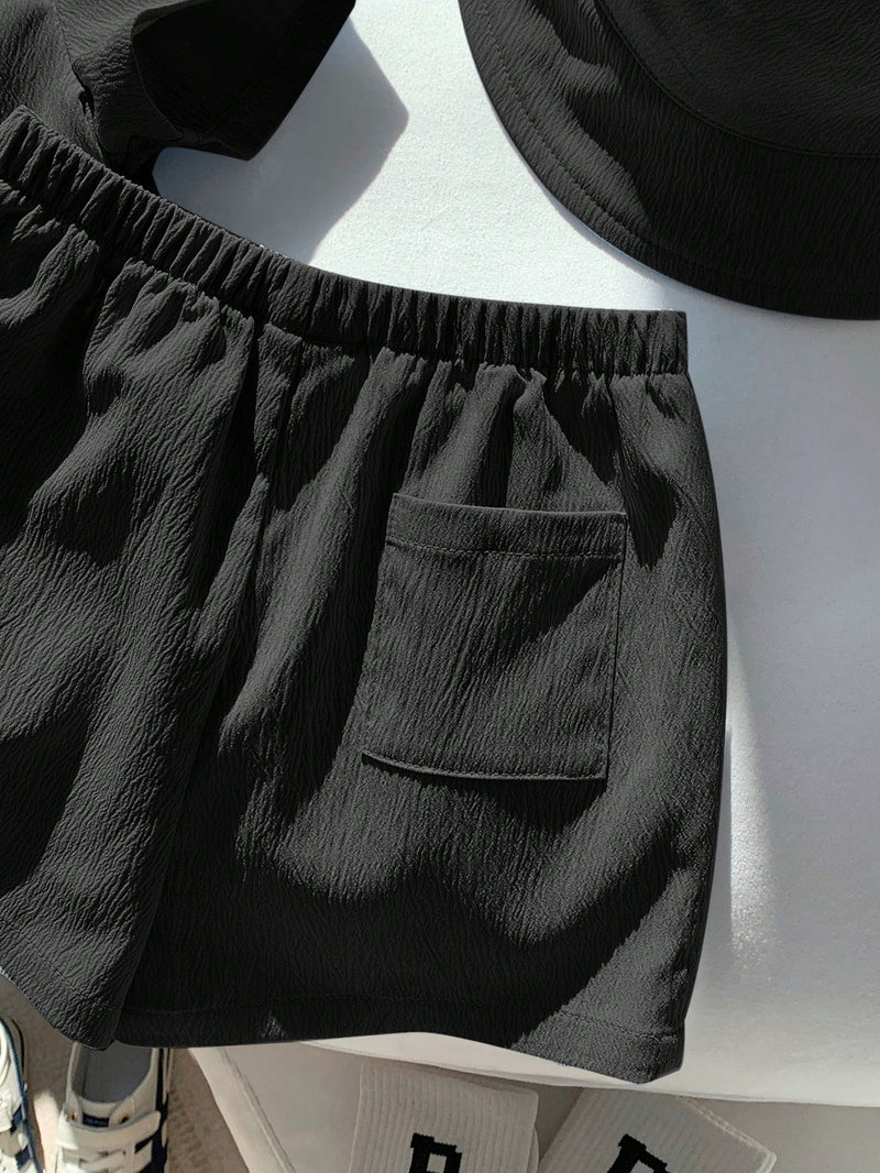 3 peças/Conjunto Cardigan de Manga Curta com Gola Bordada para Bebê Menino, Shorts com Cintura Elástica e Chapéu