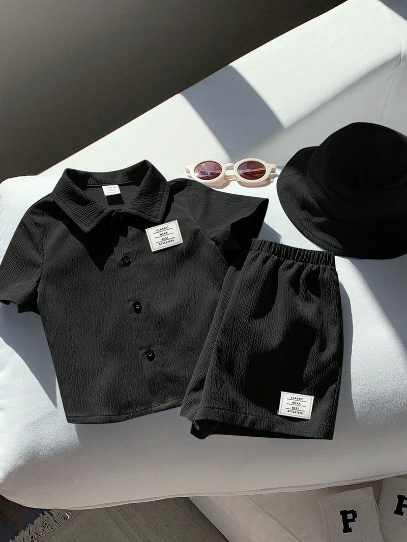3 peças/Conjunto Cardigan de Manga Curta com Gola Bordada para Bebê Menino, Shorts com Cintura Elástica e Chapéu