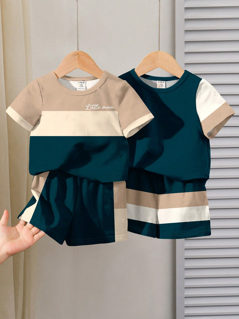 4 peças/conjunto de Verão Estilo Coreano Casual Fofo, Padrão de Desenho Animado Listrado Camiseta Manga Curta, Shorts de Elástico com Bolsos para Meninos e Meninas Bebês