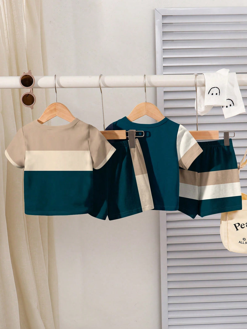 4 peças/conjunto de Verão Estilo Coreano Casual Fofo, Padrão de Desenho Animado Listrado Camiseta Manga Curta, Shorts de Elástico com Bolsos para Meninos e Meninas Bebês