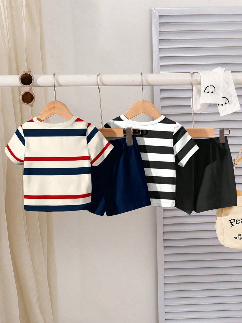 4 peças/conjunto de Verão Estilo Coreano Casual Fofo, Padrão de Desenho Animado Listrado Camiseta Manga Curta, Shorts de Elástico com Bolsos para Meninos e Meninas Bebês