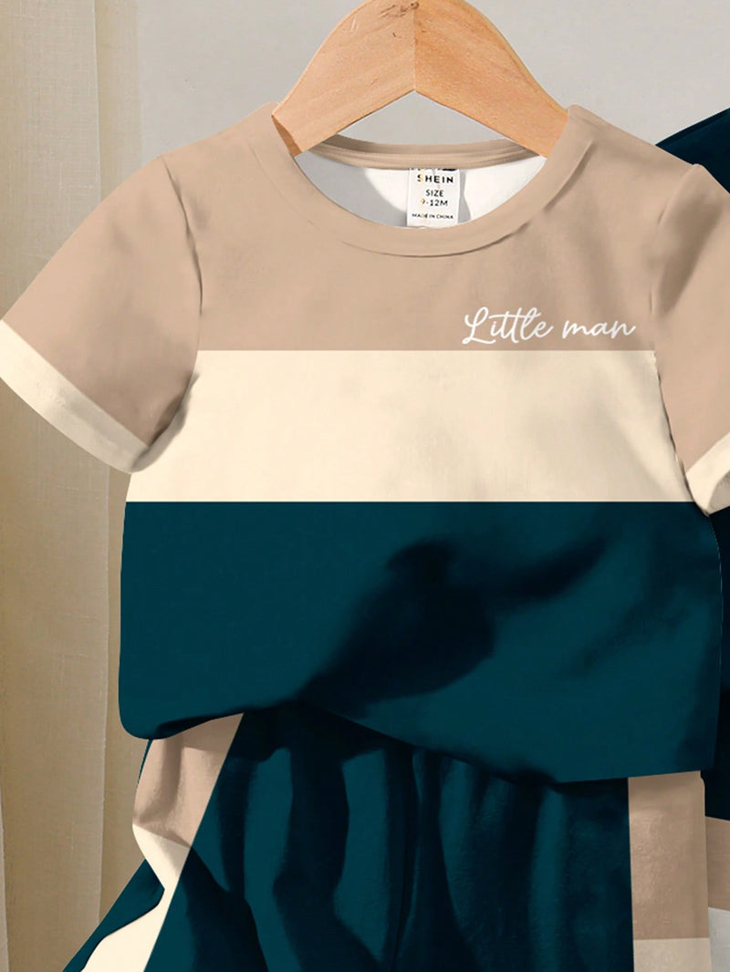 4 peças/conjunto de Verão Estilo Coreano Casual Fofo, Padrão de Desenho Animado Listrado Camiseta Manga Curta, Shorts de Elástico com Bolsos para Meninos e Meninas Bebês