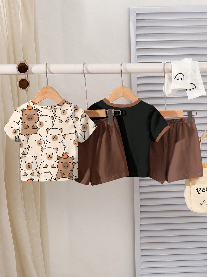 4 peças/conjunto de Verão Estilo Coreano Casual Fofo, Padrão de Desenho Animado Listrado Camiseta Manga Curta, Shorts de Elástico com Bolsos para Meninos e Meninas Bebês