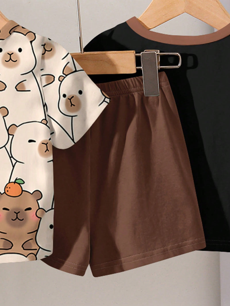 4 peças/conjunto de Verão Estilo Coreano Casual Fofo, Padrão de Desenho Animado Listrado Camiseta Manga Curta, Shorts de Elástico com Bolsos para Meninos e Meninas Bebês