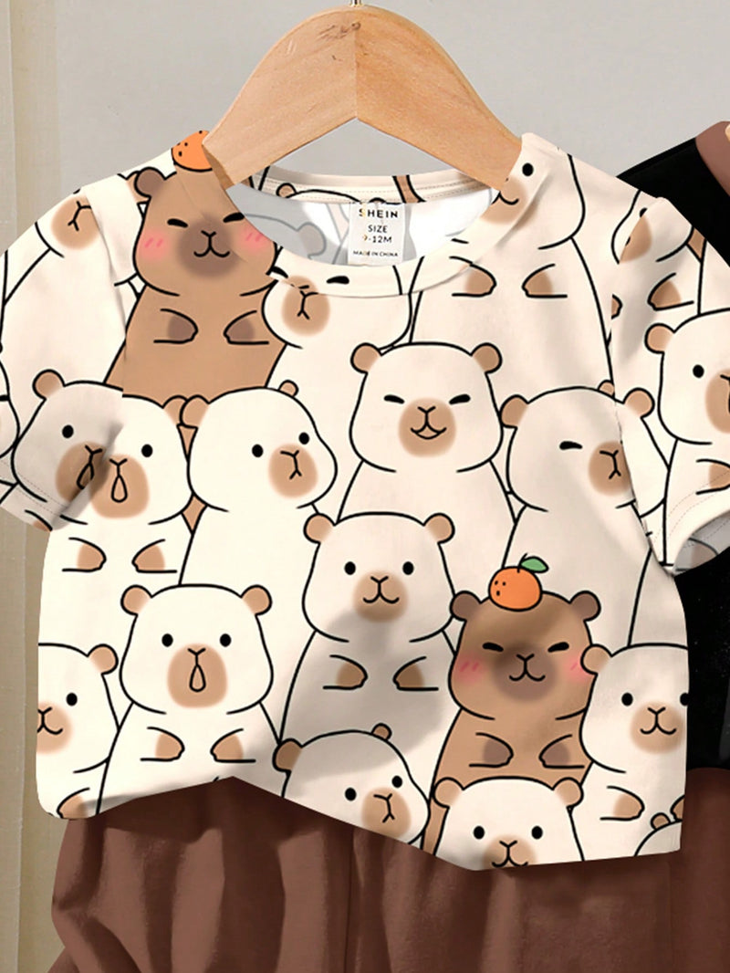 4 peças/conjunto de Verão Estilo Coreano Casual Fofo, Padrão de Desenho Animado Listrado Camiseta Manga Curta, Shorts de Elástico com Bolsos para Meninos e Meninas Bebês