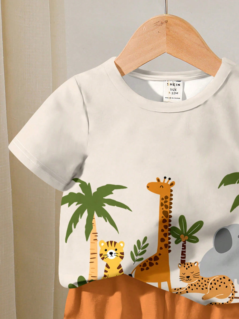 4 peças/conjunto de Verão Estilo Coreano Casual Fofo, Padrão de Desenho Animado Listrado Camiseta Manga Curta, Shorts de Elástico com Bolsos para Meninos e Meninas Bebês
