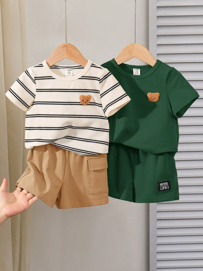 4 peças/conjunto de Verão Estilo Coreano Casual Fofo, Padrão de Desenho Animado Listrado Camiseta Manga Curta, Shorts de Elástico com Bolsos para Meninos e Meninas Bebês