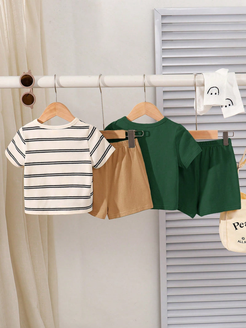 4 peças/conjunto de Verão Estilo Coreano Casual Fofo, Padrão de Desenho Animado Listrado Camiseta Manga Curta, Shorts de Elástico com Bolsos para Meninos e Meninas Bebês