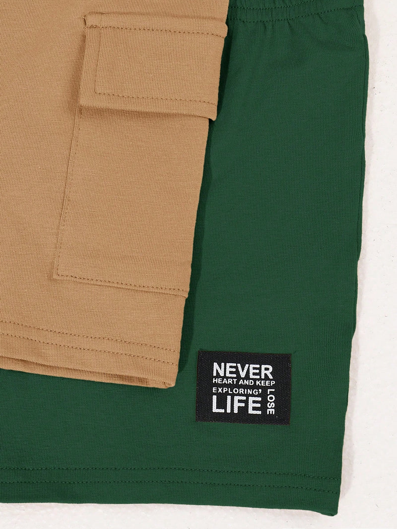 4 peças/conjunto de Verão Estilo Coreano Casual Fofo, Padrão de Desenho Animado Listrado Camiseta Manga Curta, Shorts de Elástico com Bolsos para Meninos e Meninas Bebês