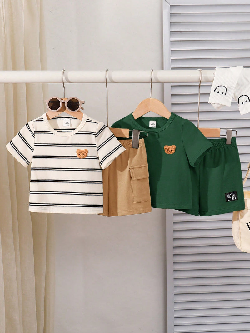 4 peças/conjunto de Verão Estilo Coreano Casual Fofo, Padrão de Desenho Animado Listrado Camiseta Manga Curta, Shorts de Elástico com Bolsos para Meninos e Meninas Bebês