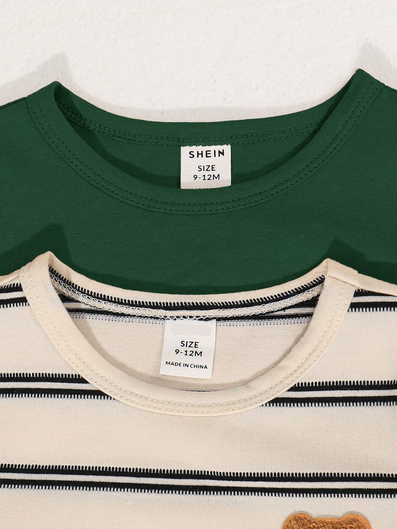 4 peças/conjunto de Verão Estilo Coreano Casual Fofo, Padrão de Desenho Animado Listrado Camiseta Manga Curta, Shorts de Elástico com Bolsos para Meninos e Meninas Bebês