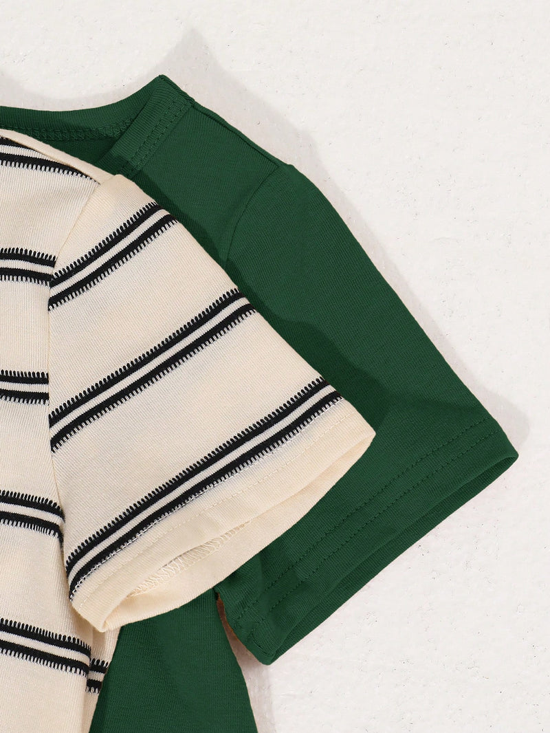 4 peças/conjunto de Verão Estilo Coreano Casual Fofo, Padrão de Desenho Animado Listrado Camiseta Manga Curta, Shorts de Elástico com Bolsos para Meninos e Meninas Bebês