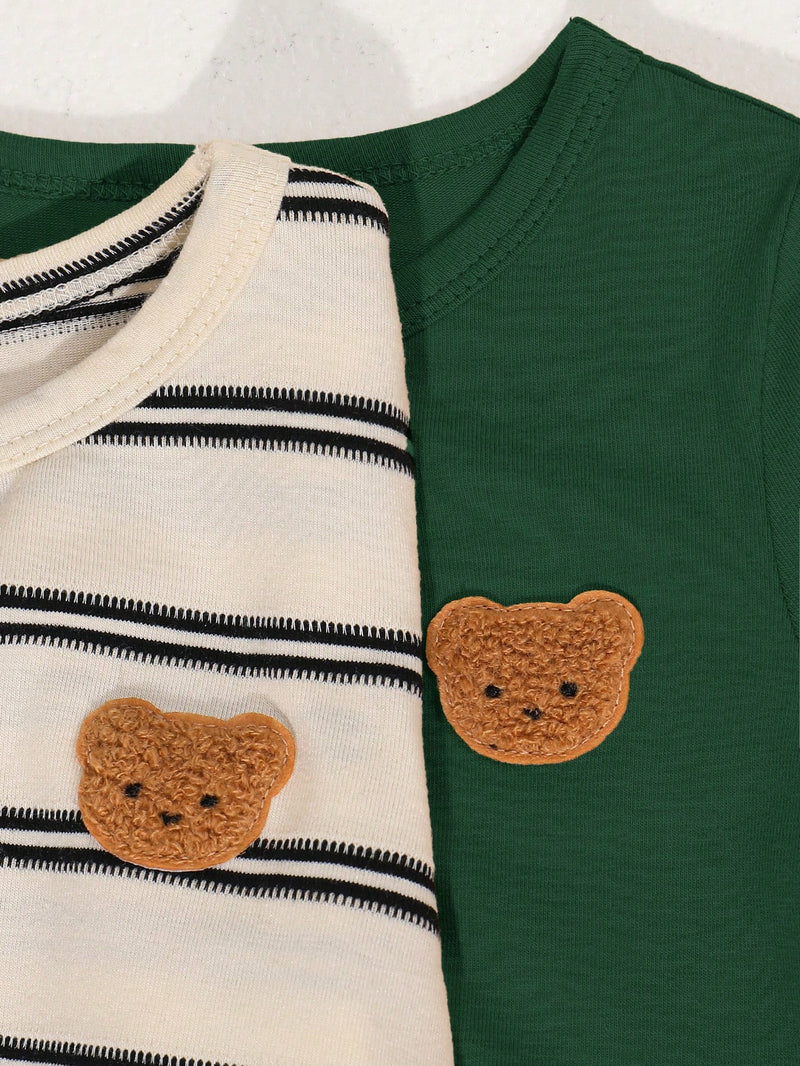4 peças/conjunto de Verão Estilo Coreano Casual Fofo, Padrão de Desenho Animado Listrado Camiseta Manga Curta, Shorts de Elástico com Bolsos para Meninos e Meninas Bebês