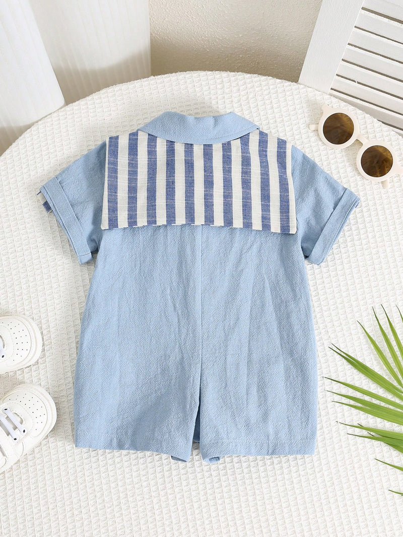 Camisa de Manga Curta Casual de Cor Sólida para Bebê/Criança Pequena, Macacão com Capa e Shorts Listrados, Adequado para Uso na Primavera/Verão, Casa e Passeio