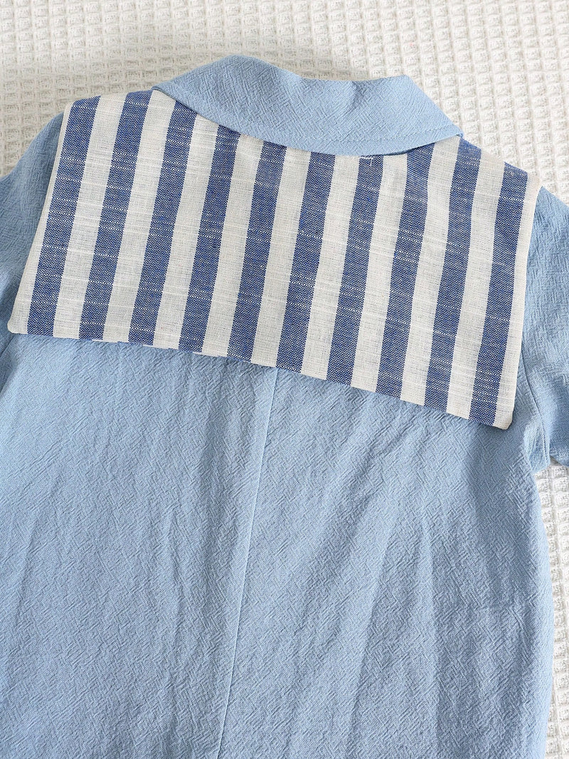 Camisa de Manga Curta Casual de Cor Sólida para Bebê/Criança Pequena, Macacão com Capa e Shorts Listrados, Adequado para Uso na Primavera/Verão, Casa e Passeio