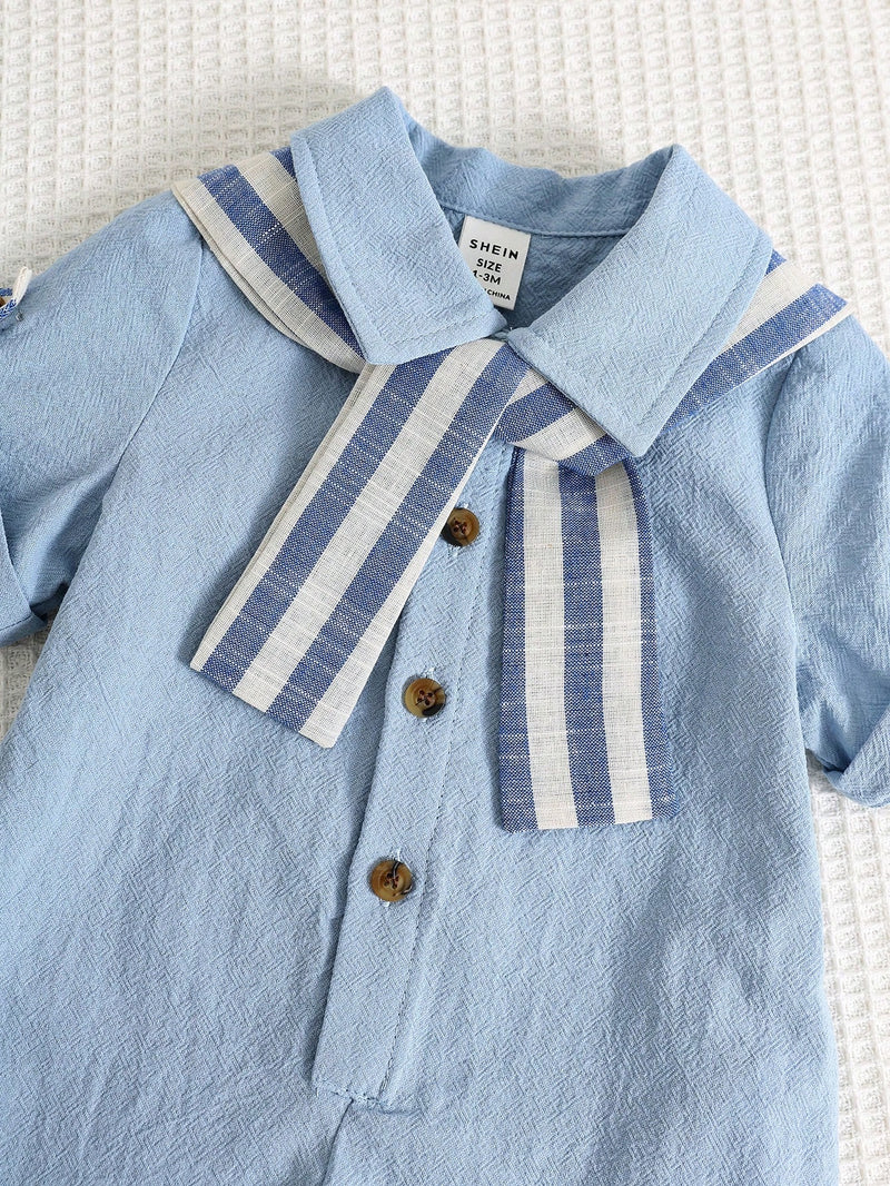 Camisa de Manga Curta Casual de Cor Sólida para Bebê/Criança Pequena, Macacão com Capa e Shorts Listrados, Adequado para Uso na Primavera/Verão, Casa e Passeio